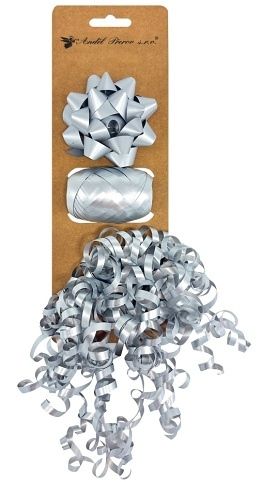 Sada na balení dárků stříbrná, rozeta 7 x 3,5 x 7 cm, stuha 0,5 cm x 10 m, kudrlina s lepí