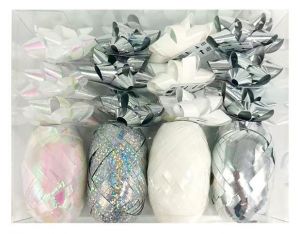 Sada na balení dárků stříbrná, rozeta 5 x 2 x 5 cm 12 ks, stuha 0,5 cm x 10 m 4 ks