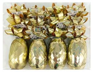 Sada na balení dárků zlatá, rozeta 5 x 2 x 5 cm 12 ks, stuha 0,5 cm x 10 m 4 ks