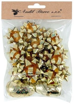 Sada na balení dárků zlatá, rozeta 5 x 2 x 5 cm 20 ks, stuha 0,5 cm x 10 m 2 ks