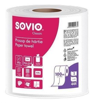 Papírové utěrky, bílá, 2-vrstvé, 100 m, průměr 20 cm, 1 role, SOVIO PP20963