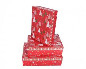 Dárková krabička vánoční červená se stromečky sada 3ks