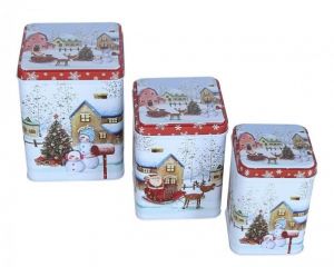 Vánoční plechové dózy s motivem zimní vesničky střední