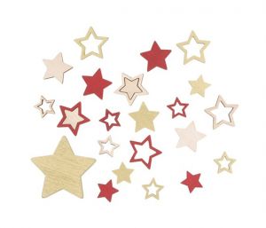 Dekorace vánoční dřevěná - hvězda přírodní a červená 2,5cm + 3,5cm, 24ks