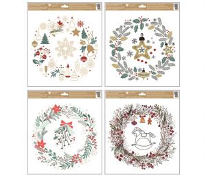 Okenní fólie vánoční - s glitry barevné věnce 30 x 33,5cm