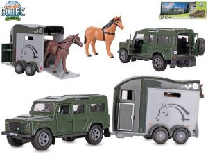 Kids Globe Farming Land Rover kov s přívěsem pro koně 26cm zpětný chod v krabičce