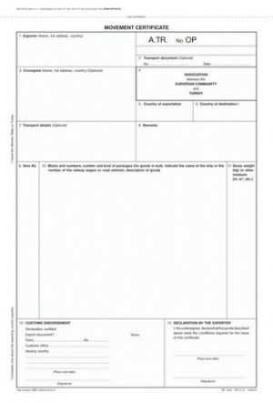 Průvodní osvědčení ATR A4, 1 + 2 listy, číslované OPTYS 1394