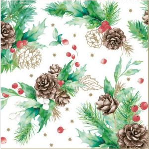 Ubrousky Maki vánoční Cones and Hollyberry on White