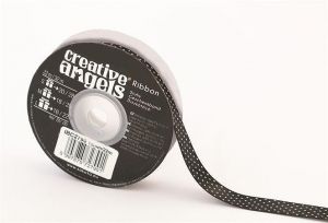 Saténová stuha, černá s bílými puntíky, 15 mm x 22 m, IBC2790