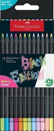 Barevné pastelky "Black Edition", 12 pastelových/neonových barev, trojhranné, FABER-CASTEL