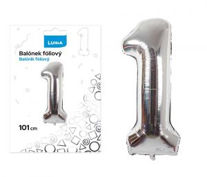 Balónek fóliový č. 1 STŘÍBRNÝ 101cm LUMA