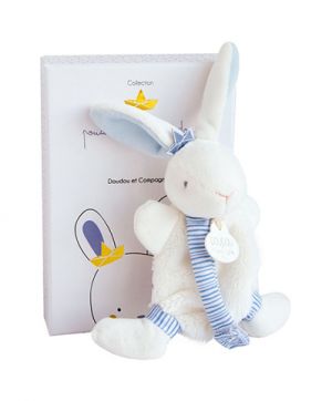 Doudou Dárková sada - Hračka s úchytem na dudlík králíček 15 cm modrý