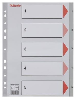 Rejstříky, šedá, A4, plast, 1-5, ESSELTE